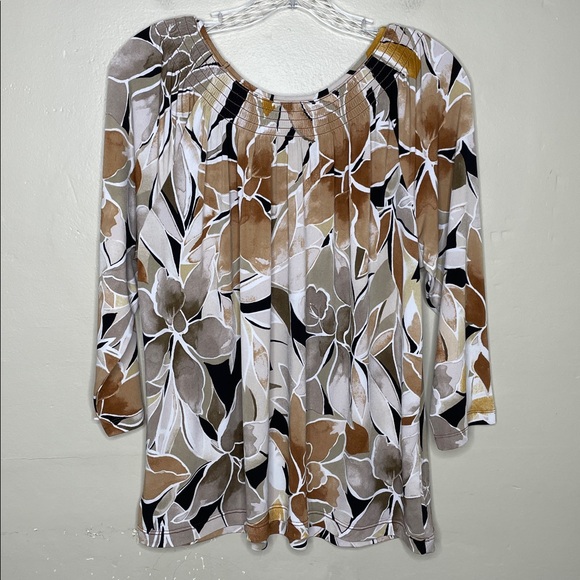 SUSAN GRAVER Scoop Neck Floral Brown & Cream Liquid Knit Popover Tunic Top Med - Picture 2 of 8